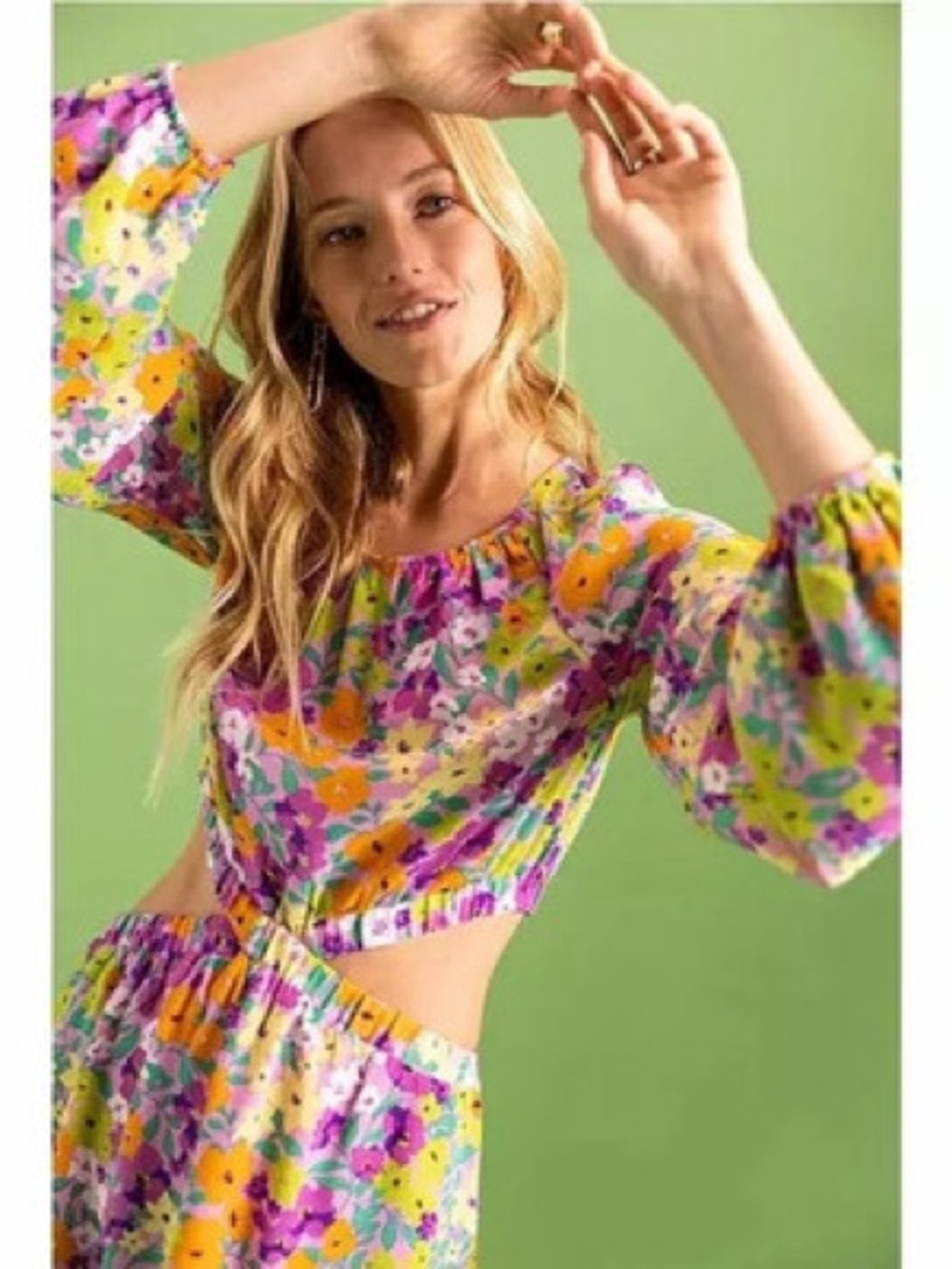 Sanctuary Floral Puff-Sleeve Cut Out Dress in Purple, Yellow & Green S NWR
